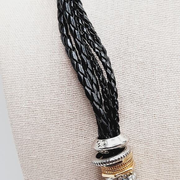 Chico’s Black Braided Necklace & Bracelet Set Rhinestone Charms Gold Silver Tone - Picture 5 of 9